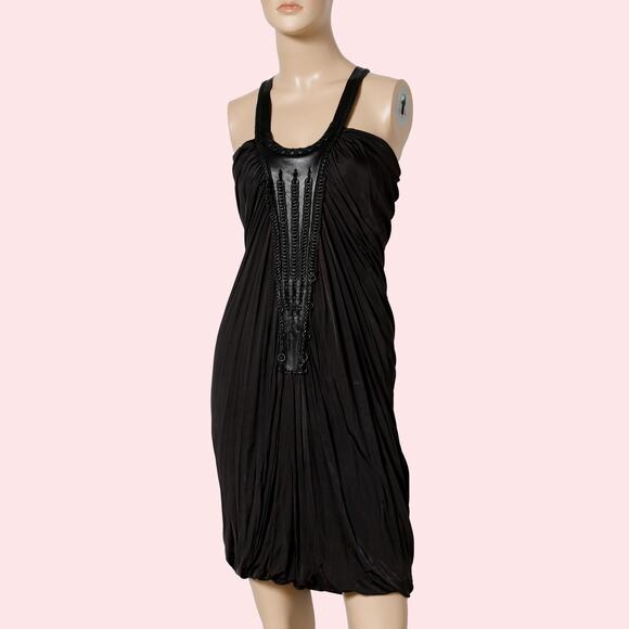 YIGAL AZROUËL Black Grey Knee-Length Dress with Leather Embellished Front - Picture 2 of 11